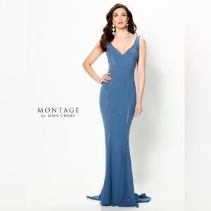 Montage by Mon Cheri Blue Sleeveless V-Neck Sheath Dress
